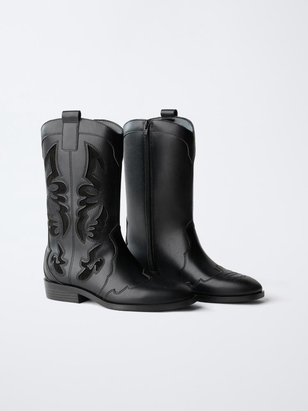 Zara Black Mid-Calf Western-Style Heeled Boots